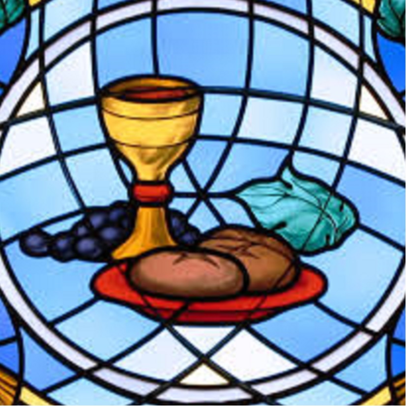 Leipää, maljaa ja rypäleterttua esittävä lasimaalaus, vallitsevana värisävynä sininen