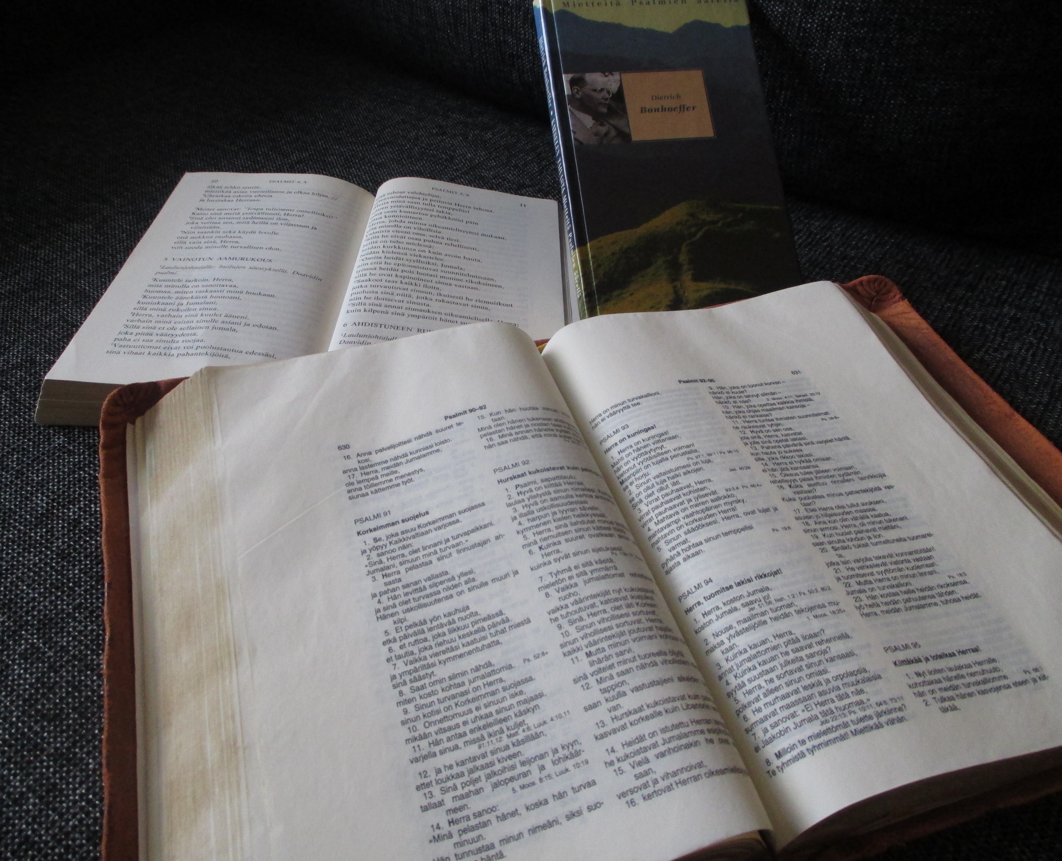 etualalla Psalmien kohdalta avattu Raamattu, taempana kaksi muuta kirjaa