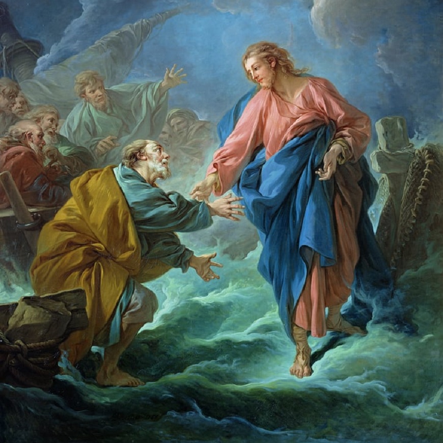 öljyvärimaalaus, jossa etualalla kuvattuna veden päällä kävelevä Jeesus ja aaltoihin vajoava Pietari, taustalla veneessä muita miehiä