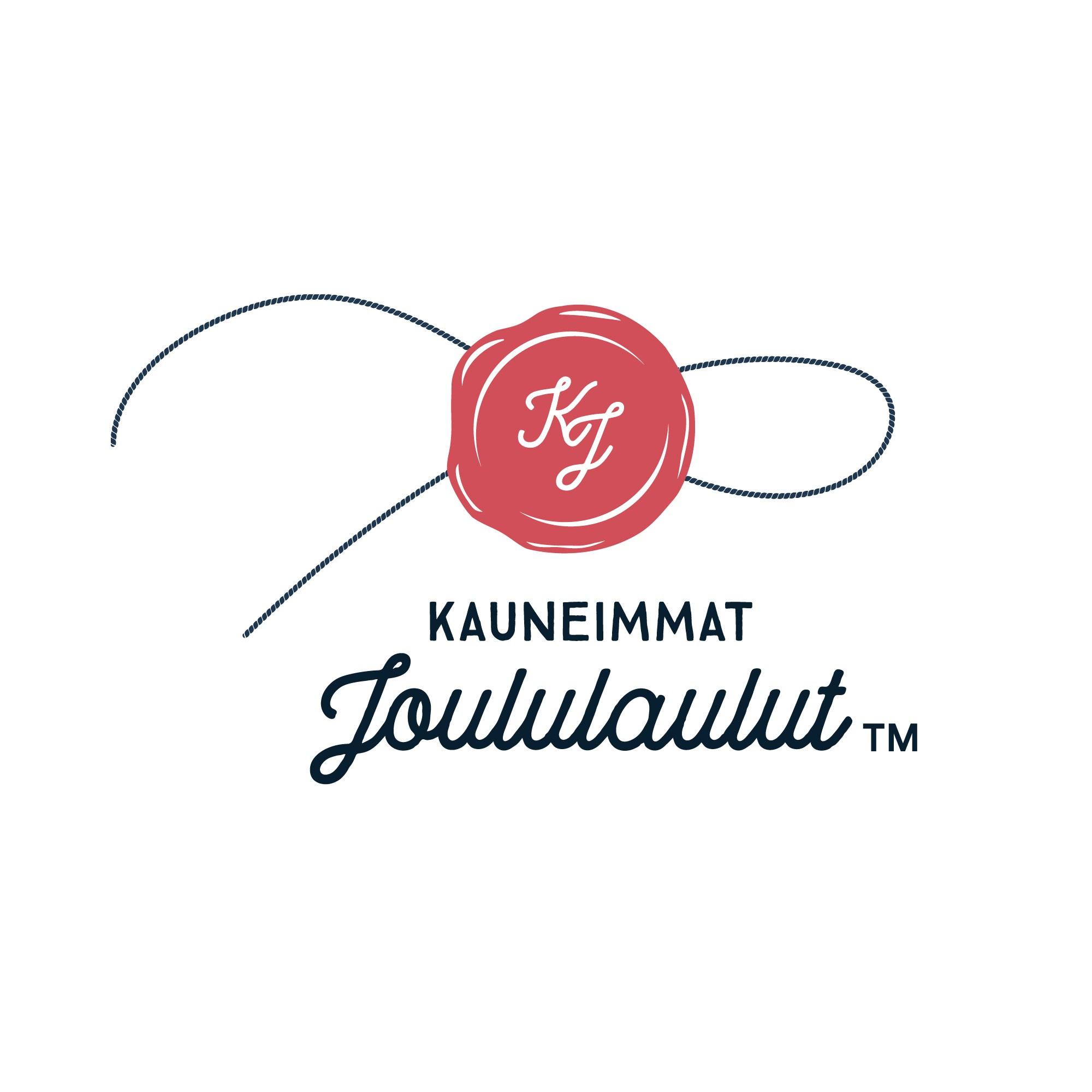 Kauneimpien joululaulujen logo, keskellä punainen sinetti, jossa tyylitellyt kirjaimet K ja J
