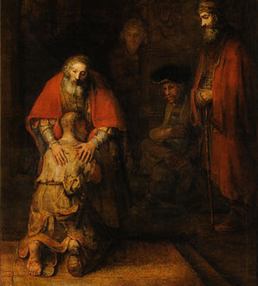 maalaus, joka esittää iäkkään isän ja tämän eteen polvistuneen pojan kohtaamista