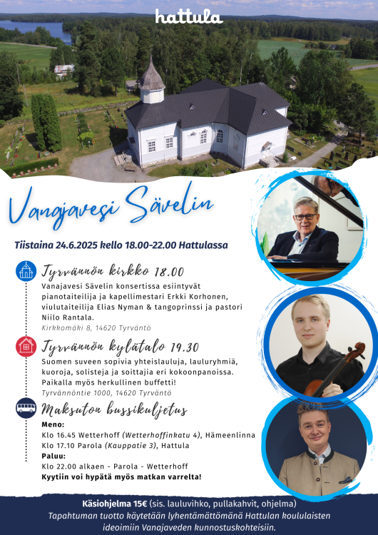 Vanajavesi Sävelin Ylimpänä Tyrvännön kirkon kuva, sitten muusikoiden kuvat: ensimmäisenä Erkki Korhosen kuva, keskimmäisenä Elias Nymanin kuva ja alimpana Niilo Rantalan kuva.