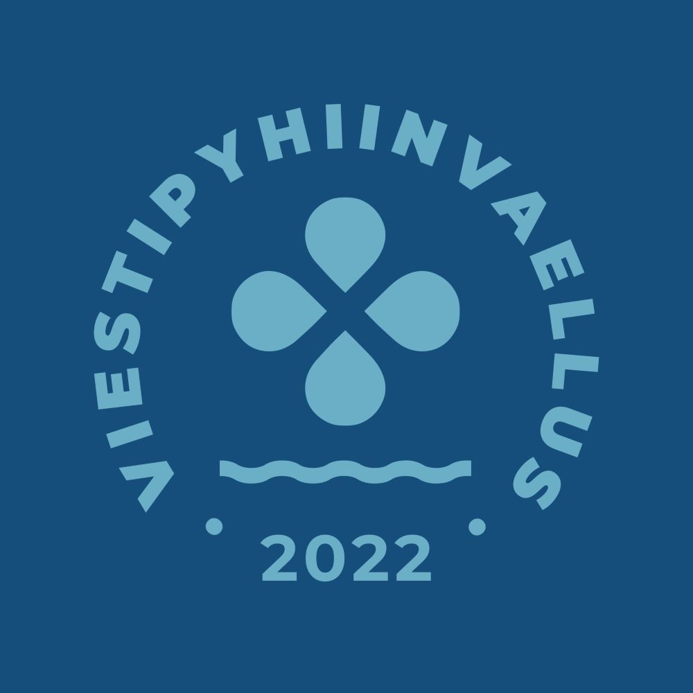 Viestipyhiinvaelluksen logo, ympyrän muotoinen kuvio, jota kehystää vaalean sinisellä fontilla sana viestipyhiinvaellus