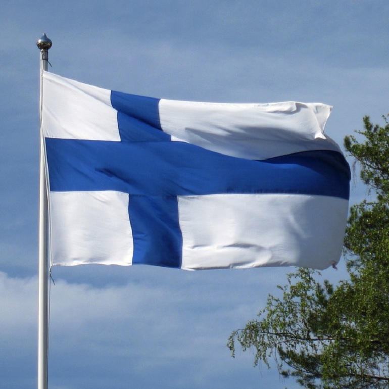 Suomen lippu liehuu tuulessa, taustalla sinistä taivasta ja havupuun oksia