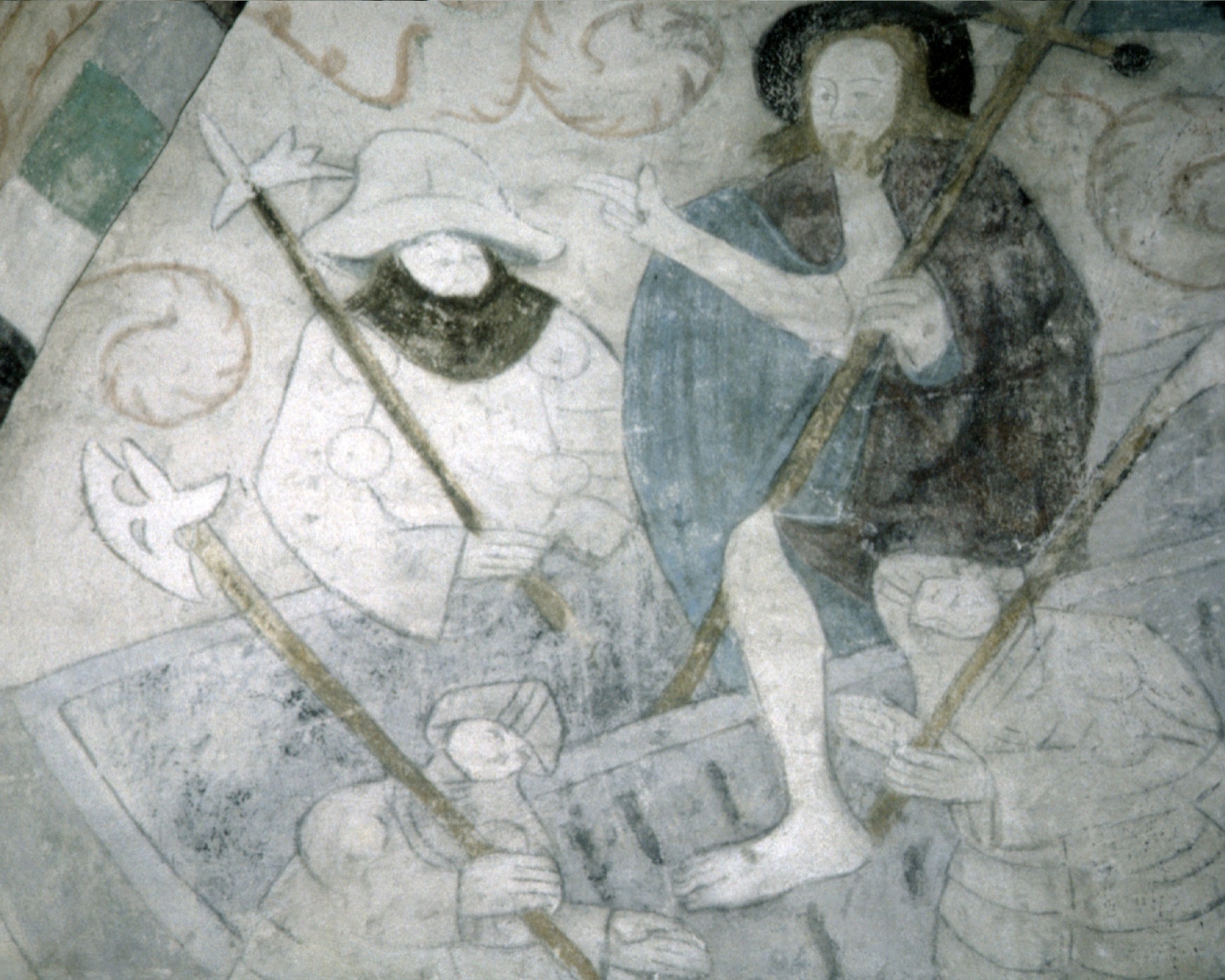 vanha seinämaalaus, aiheena Kristuksen nouseminen haudasta, jota sotilaat vartioivat