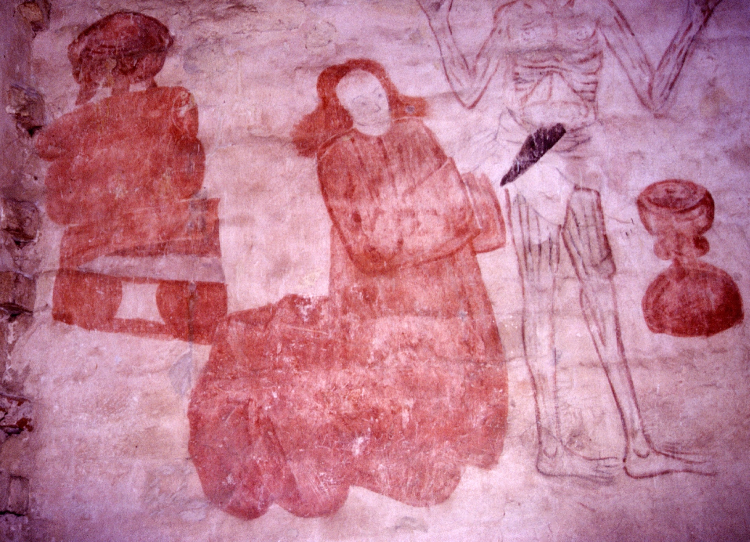Seinämaalaus Hattulan Pyhän Ristin kirkon asehuoneessa:  rikkaan rukous ja viinitynnyri