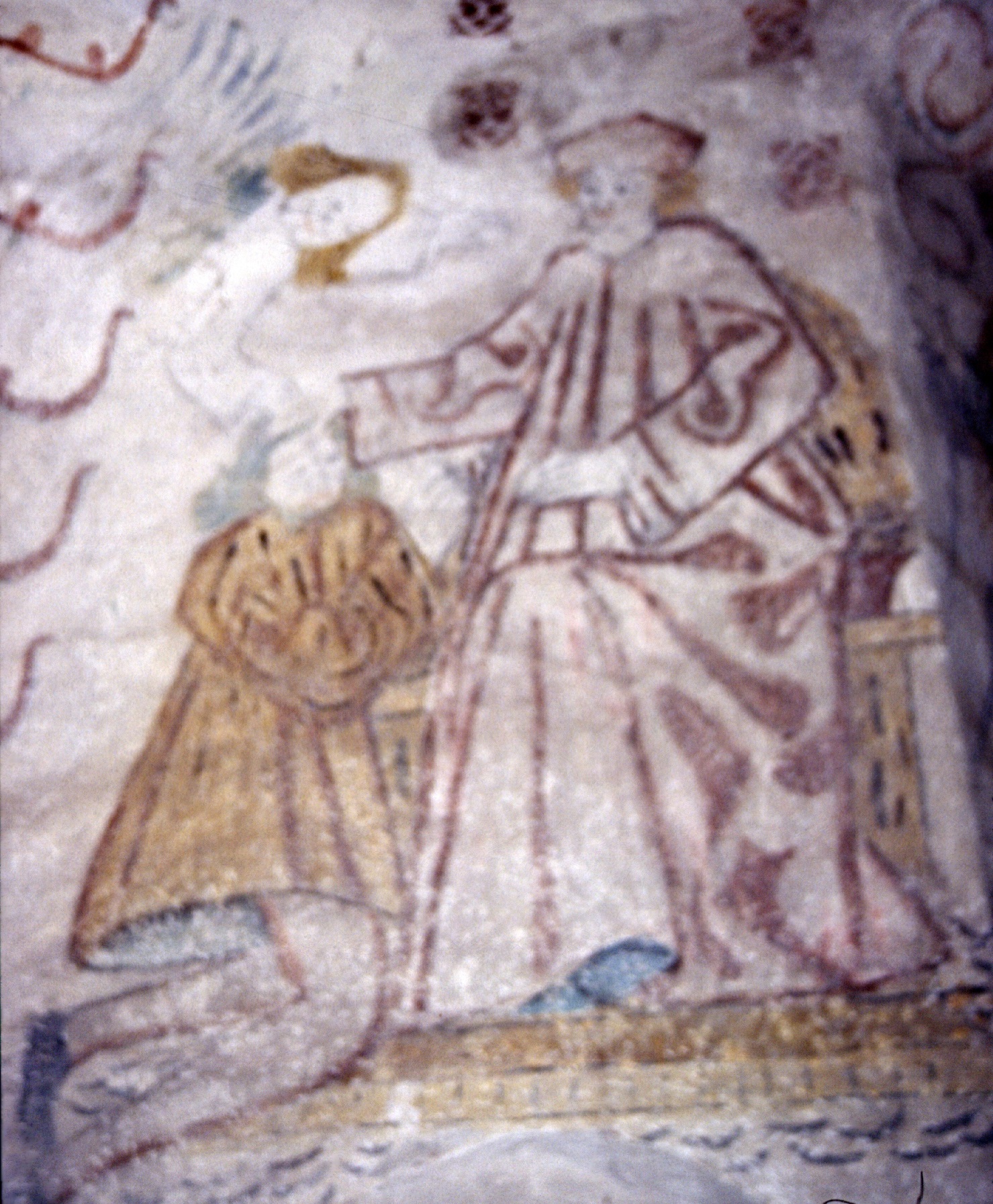 vanha seinämaalaus, joka esittää rippiin polvistunutta miestä ja ripin vastaanottavaa pappia