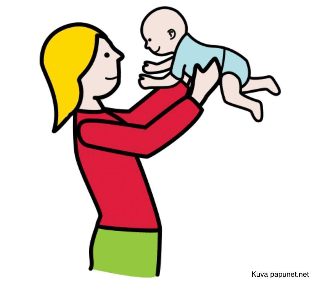Piirretty kuva, nainen pitelee vauvaa